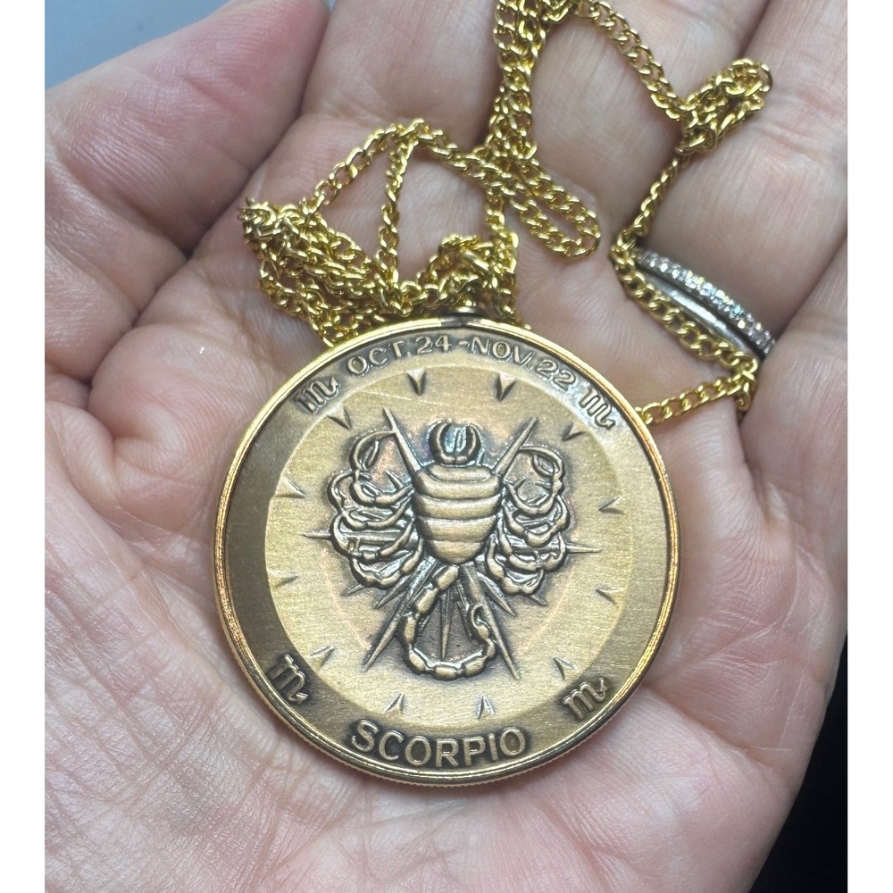 Vintage Scorpio Zodiac Medallion Necklace Gold Tone Astrology Coin Pendant 1970s